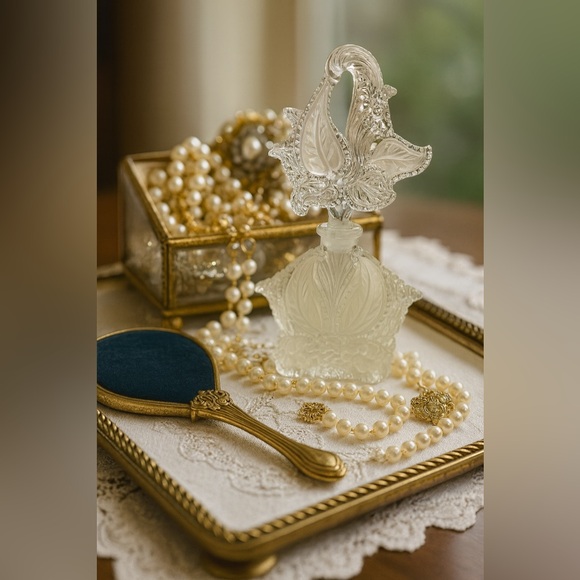 Vintage Accessories - ✨ Vintage Ornate Frosted Glass Perfume Bottle – Lily Stopper ✨